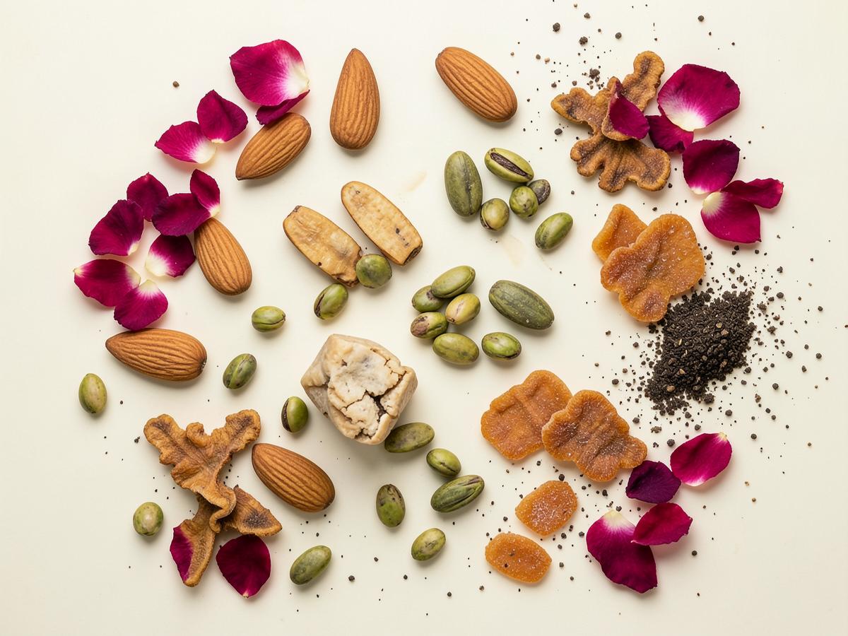 Dates, almonds, pistachios, dried ginger, palm candy, rose petals, curry leaves and pepper